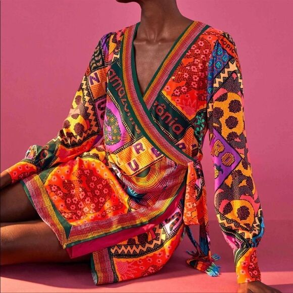 FARM RIO Dotted Patch Scarf Mini Wrap Dress Printed Multicolor - Picture 1 of 10